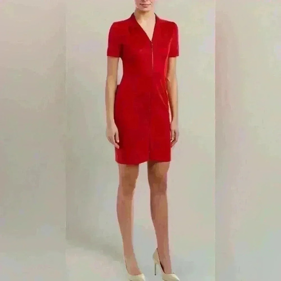 TAHARI RED Madeline Sueded Scuba Dress full front zipper Size 14 NWT - Picture 1 of 12